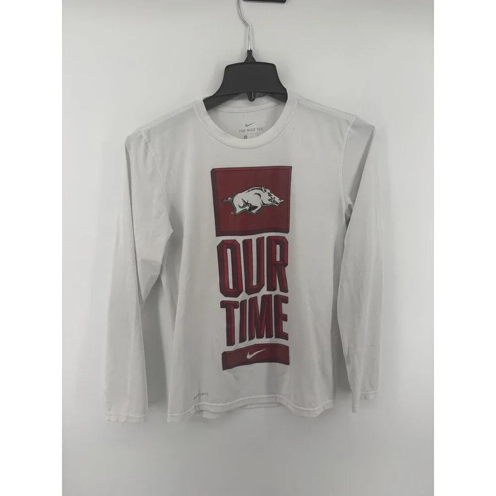 The Nike Tee Dri-Fit Men’s White Arkansas Our Time Long Sleeve Size Small